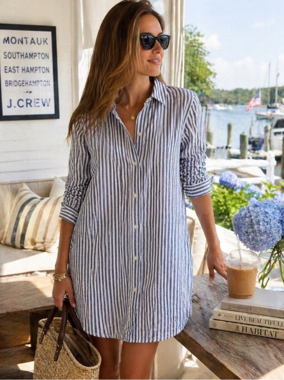 J. Crew Linen-Blend Striped Shirt Dress in black white stripe